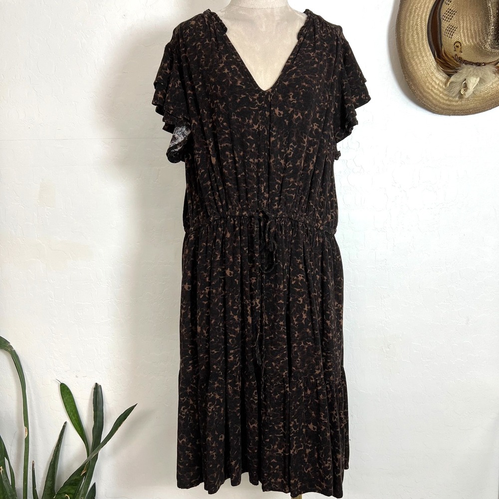 Terra & Sky Abstract Leopard Print V-Neck Flutter Sleeve Dress Plus 1X